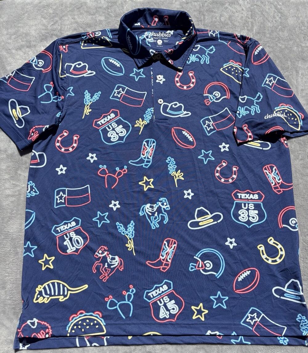 Chubbies Polo Shirt Mens Medium Multicolor Texas Western Graphic Stretch Casual